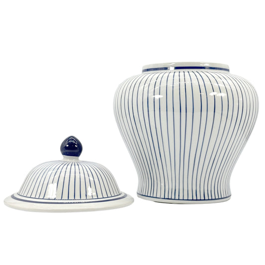 Blue & White Striped Wide Ceramic Jar