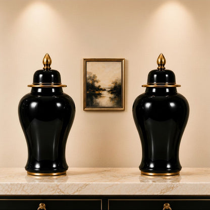 24" Ceramic Temple Jar - Black & Gold