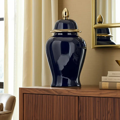 18" Ceramic Temple Jar - Navy & Gold