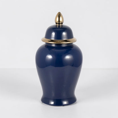 18" Ceramic Temple Jar - Navy & Gold