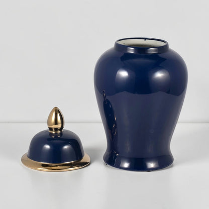 18" Ceramic Temple Jar - Navy & Gold