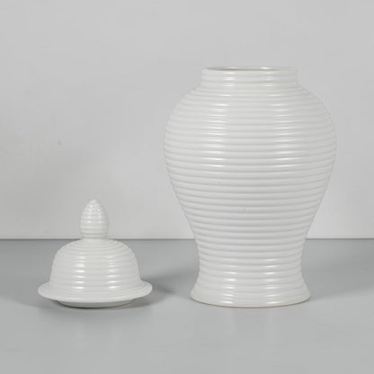 18" Ceramic Ribbed Temple Jar - White