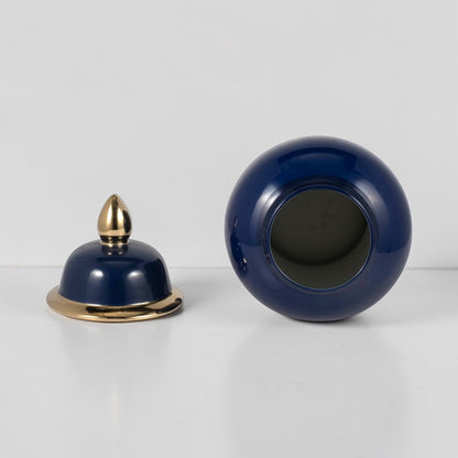 18" Ceramic Temple Jar - Navy & Gold