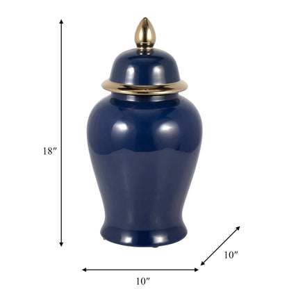 18" Ceramic Temple Jar - Navy & Gold
