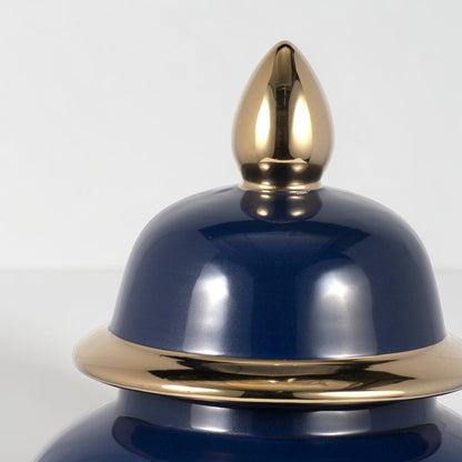 18" Ceramic Temple Jar - Navy & Gold