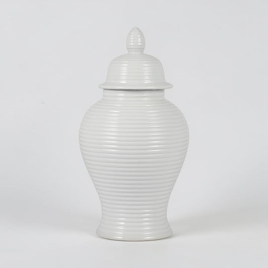 18" Ceramic Ribbed Temple Jar - White