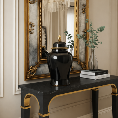 24" Ceramic Temple Jar - Black & Gold