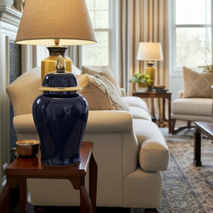 18" Ceramic Temple Jar - Navy & Gold