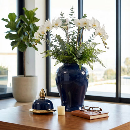 18" Ceramic Temple Jar - Navy & Gold