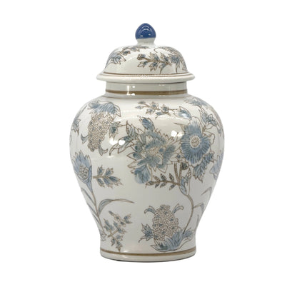 White & Blue Floral Chinoiserie Ceramic Jar - 12"