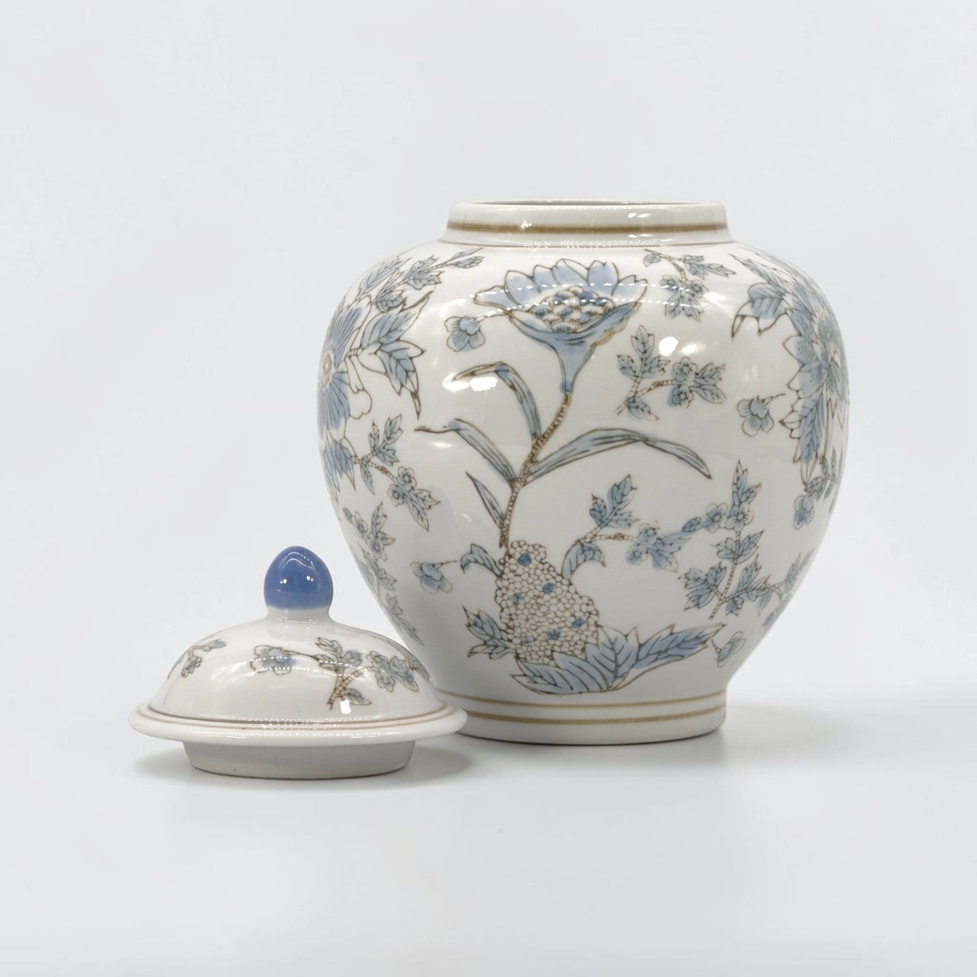 White & Blue Ceramic Chinoiserie Floral Jar - 10"