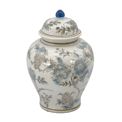 White & Blue Floral Chinoiserie Ceramic Jar - 12"