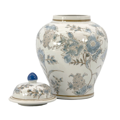 White & Blue Floral Chinoiserie Ceramic Jar - 12"
