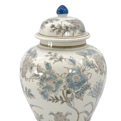 White & Blue Floral Chinoiserie Ceramic Jar - 12"