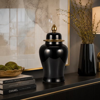 24" Ceramic Temple Jar - Black & Gold