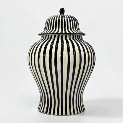 Black & White Striped Ceramic Jar