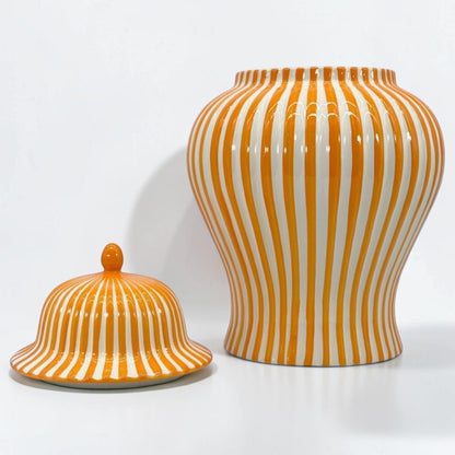 Orange & White Striped Ceramic Jar