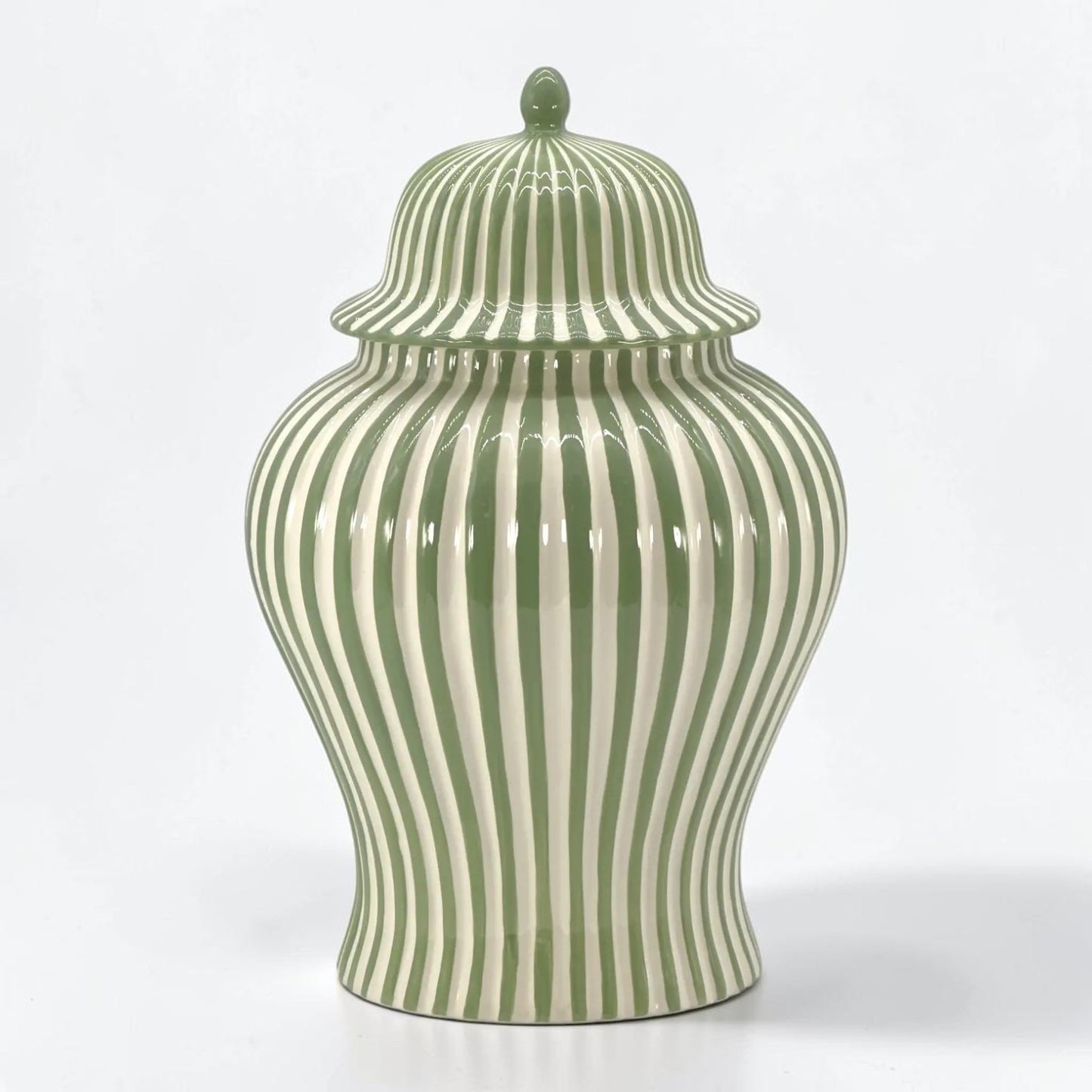 Green & White Striped Ceramic Jar
