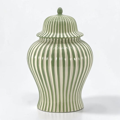 Green & White Striped Ceramic Jar