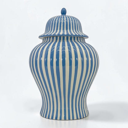 Blue & White Striped Ceramic Jar