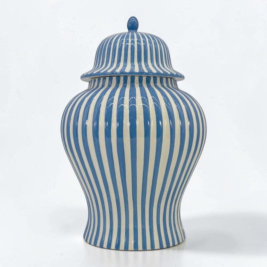 Blue & White Striped Ceramic Jar