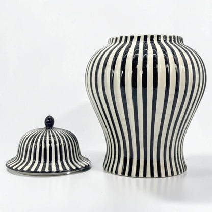 Black & White Striped Ceramic Jar