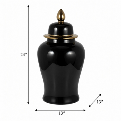 24" Ceramic Temple Jar - Black & Gold