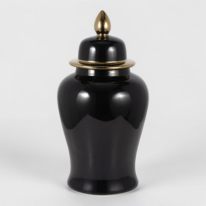 24" Ceramic Temple Jar - Black & Gold