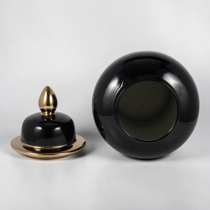 24" Ceramic Temple Jar - Black & Gold