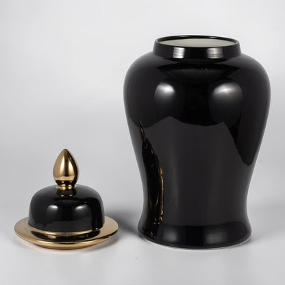 24" Ceramic Temple Jar - Black & Gold
