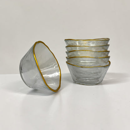 Gold Trim Hammered Small Glass Plates & Bowls (Set of 12)