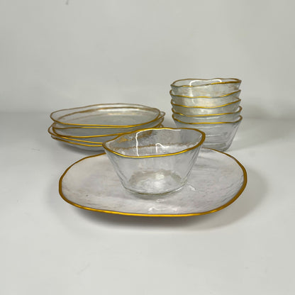 Gold Trim Hammered Small Glass Plates & Bowls (Set of 12)