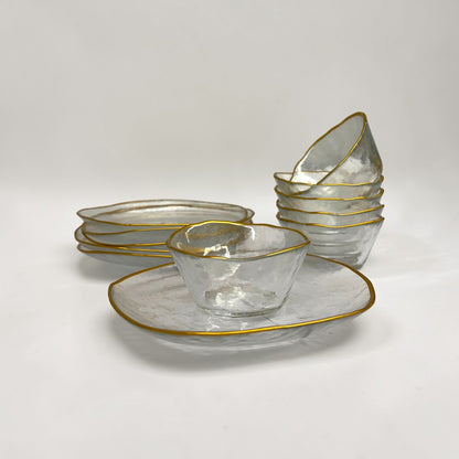 Gold Trim Hammered Small Glass Plates & Bowls (Set of 12)