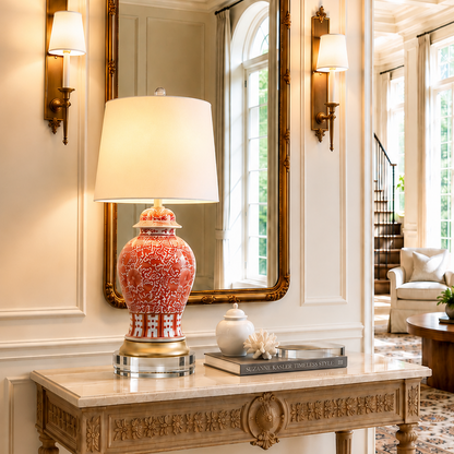 Coral Red Twisted Lotus Lamp - Gold Leaf Base