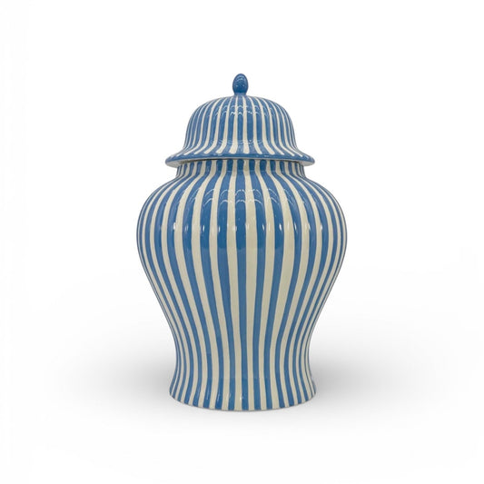 Blue & White Striped Ceramic Jar