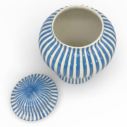 Blue & White Striped Ceramic Jar