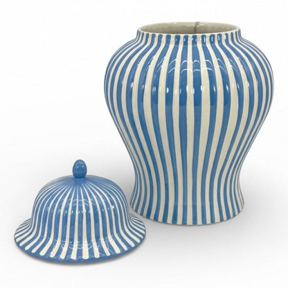 Blue & White Striped Ceramic Jar