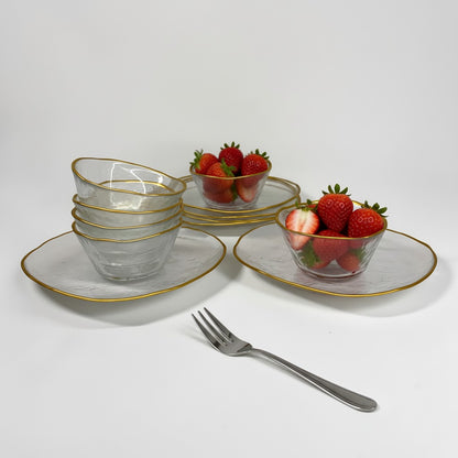 Gold Trim Hammered Small Glass Plates & Bowls (Set of 12)