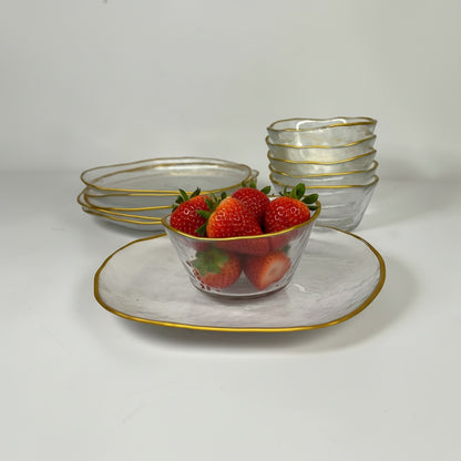 Gold Trim Hammered Small Glass Plates & Bowls (Set of 12)