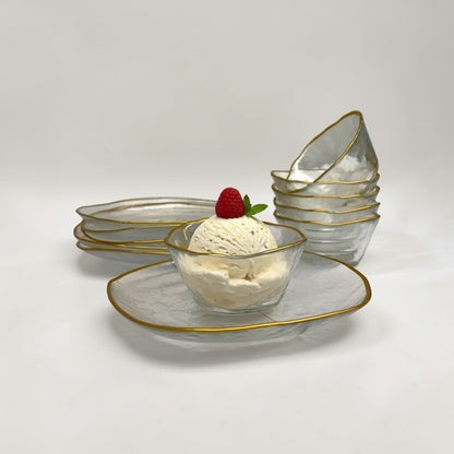 Gold Trim Hammered Small Glass Plates & Bowls (Set of 12)