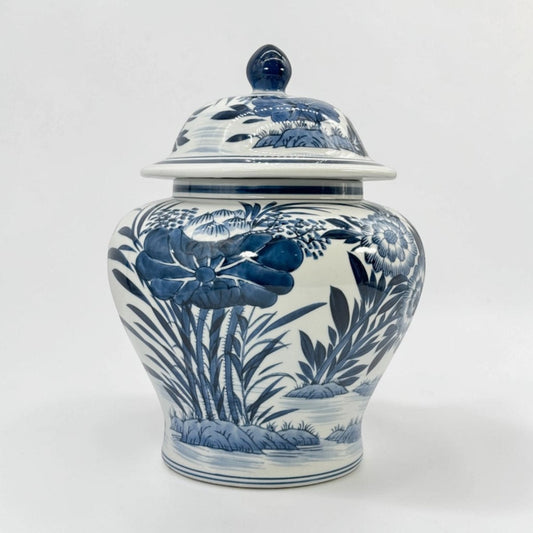 Blue & White Bamboo Floral Wide Ceramic Ginger Jar