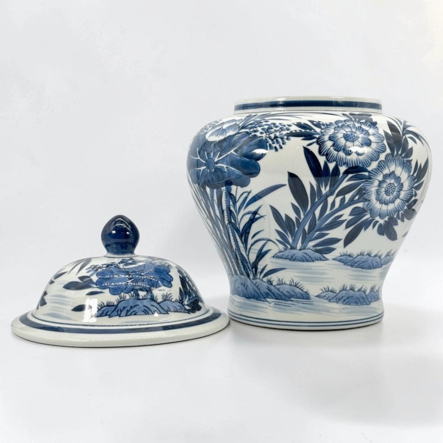 Blue & White Bamboo Floral Wide Ceramic Ginger Jar