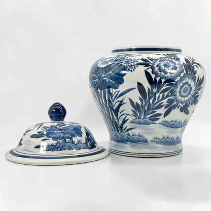 Blue & White Bamboo Floral Wide Ceramic Ginger Jar