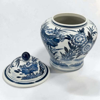 Blue & White Bamboo Floral Wide Ceramic Ginger Jar