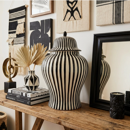 Black & White Striped Ceramic Jar
