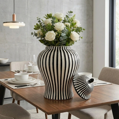 Black & White Striped Ceramic Jar