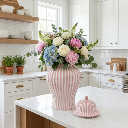 Pink & White Striped Ceramic Jar