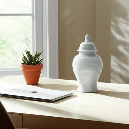 18" Ceramic Ribbed Temple Jar - White