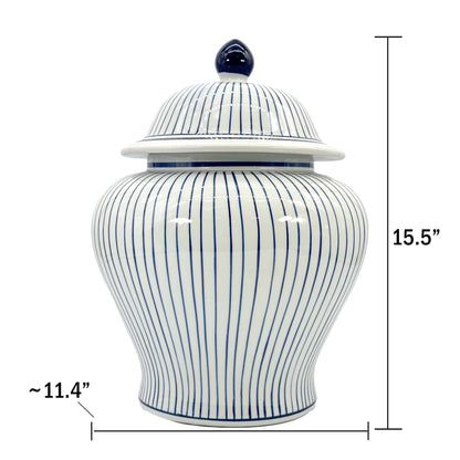 Blue & White Striped Wide Ceramic Jar