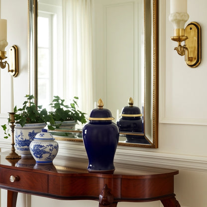 18" Ceramic Temple Jar - Navy & Gold